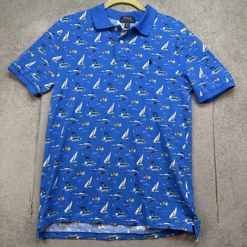 Polo Ralph Lauren Boys Polo Shirt‎ Blue Sailboat Print XL 18-20